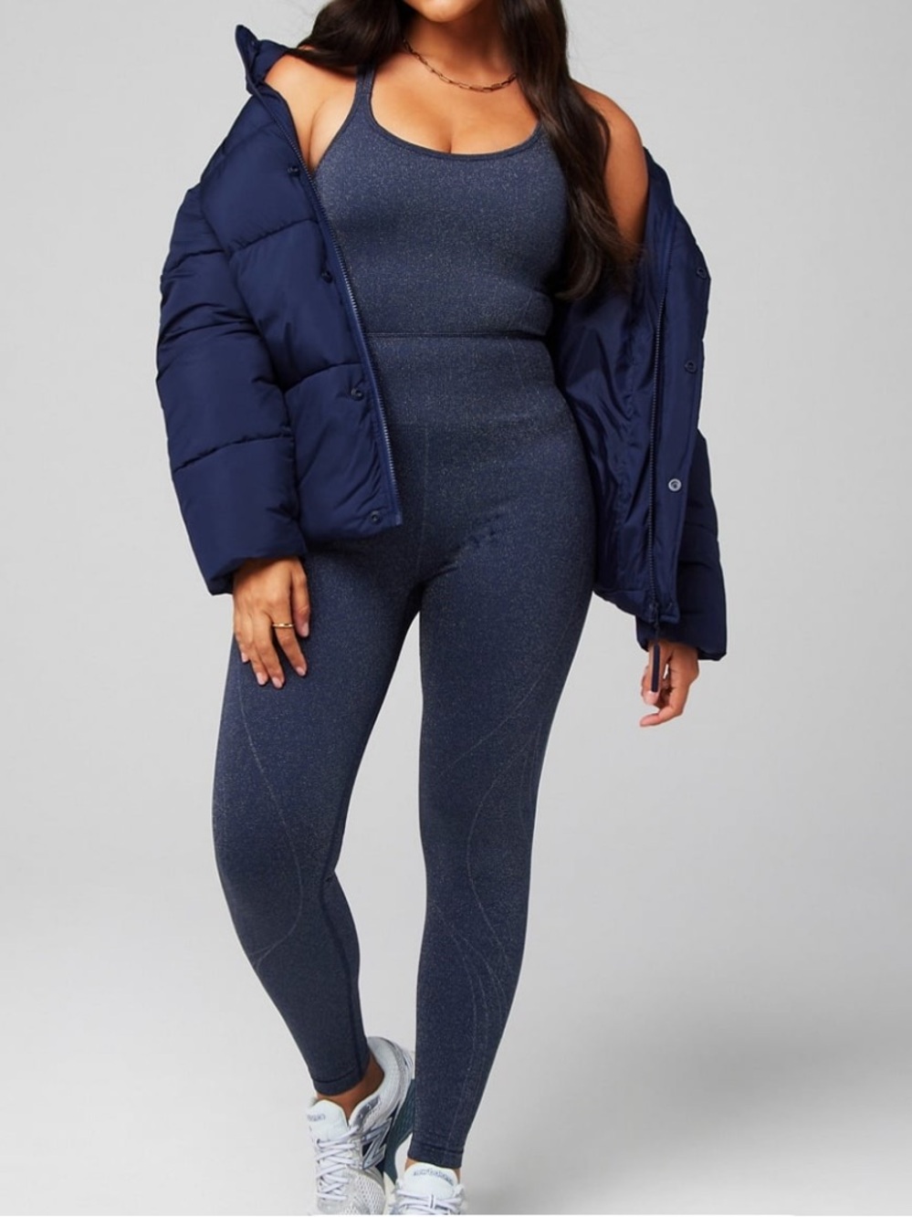 Fabletics Seamless Lurex Full Length Jumpsuit Deep Navy Sparkle NWT Large